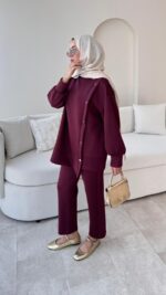 Sole Düğmeli Scuba Takım - Bordo - Görsel 2