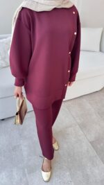 Sole Düğmeli Scuba Takım - Bordo - Görsel 5