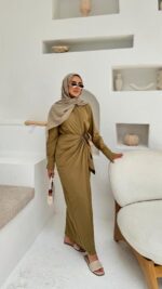 Bağlama Detaylı Keten Elbise - Yağ Yeşili