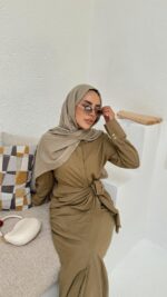 Bağlama Detaylı Keten Elbise - Yağ Yeşili - Görsel 3