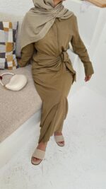 Bağlama Detaylı Keten Elbise - Yağ Yeşili - Görsel 4