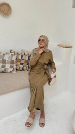 Bağlama Detaylı Keten Elbise - Yağ Yeşili - Görsel 6