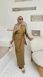 Bağlama Detaylı Keten Elbise - Yağ Yeşili - Görsel 7