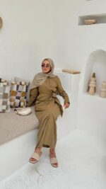 Bağlama Detaylı Keten Elbise - Yağ Yeşili - Görsel 9