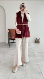 Mira Kürk Yelek - Bordo - Görsel 8