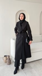 Hira Şal Yaka Premium Kaşe Kaban - Siyah