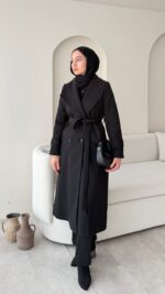 Hira Şal Yaka Premium Kaşe Kaban - Siyah - Görsel 2