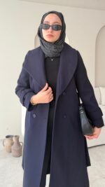 Hira Şal Yaka Premium Kaşe Kaban - Lacivert - Görsel 2