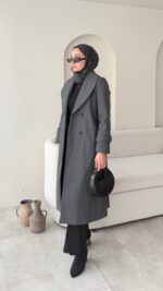 Hira Şal Yaka Premium Kaşe Kaban - Antrasit - Görsel 3