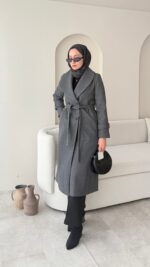 Hira Şal Yaka Premium Kaşe Kaban - Antrasit - Görsel 4