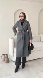 Hira Şal Yaka Premium Kaşe Kaban - Antrasit - Görsel 7