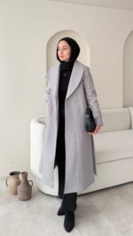 Hira Şal Yaka Premium Kaşe Kaban - Gri