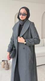 Hira Şal Yaka Premium Kaşe Kaban - Antrasit - Görsel 9