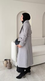Hira Şal Yaka Premium Kaşe Kaban - Gri - Görsel 3