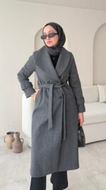 Hira Şal Yaka Premium Kaşe Kaban - Antrasit - Görsel 10