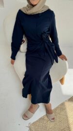 Bağlama Detaylı Keten Elbise - Lacivert - Görsel 3