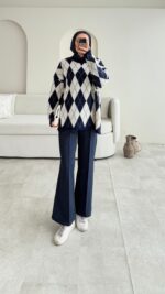 Baklava Desen Triko Kazak - Lacivert - Görsel 3