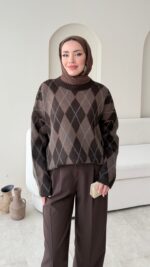 Baklava Desen Triko Kazak - Kahverengi - Görsel 3