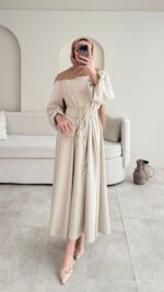 Lovra Bağlamalı Scuba Elbise - Taş - Görsel 4