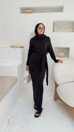 Bağlama Detaylı Keten Elbise - Siyah