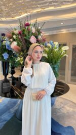 Beril Pileli Elbise - Beyaz - Görsel 5