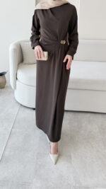 Sare Pileli Elbise - Koyu Kahve - Görsel 5