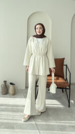 Perla Düğmeli Scuba Takım - Taş - Görsel 2