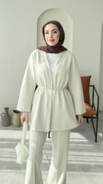 Perla Düğmeli Scuba Takım - Taş - Görsel 4