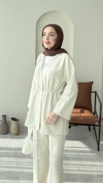 Perla Düğmeli Scuba Takım - Taş - Görsel 5