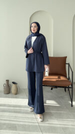 Perla Düğmeli Scuba Takım - Lacivert