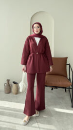 Perla Düğmeli Scuba Takım - Bordo