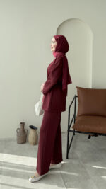 Perla Düğmeli Scuba Takım - Bordo - Görsel 2