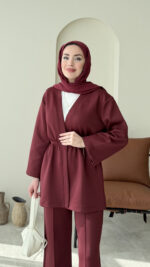 Perla Düğmeli Scuba Takım - Bordo - Görsel 3