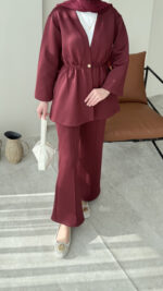 Perla Düğmeli Scuba Takım - Bordo - Görsel 6