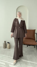 Perla Düğmeli Scuba Takım - Koyu Kahve