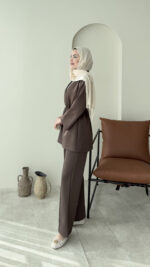 Perla Düğmeli Scuba Takım - Koyu Kahve - Görsel 2