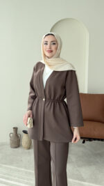 Perla Düğmeli Scuba Takım - Koyu Kahve - Görsel 4