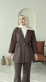 Perla Düğmeli Scuba Takım - Koyu Kahve - Görsel 5