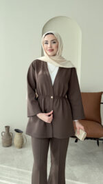 Perla Düğmeli Scuba Takım - Koyu Kahve - Görsel 6