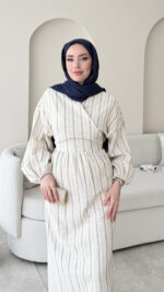 Keten Bağlamalı Elbise - Lacivert - Görsel 3