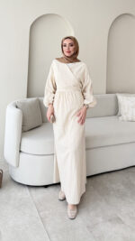 Keten Bağlamalı Elbise - Bej