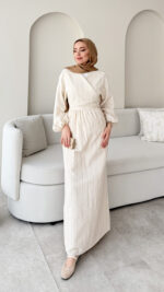 Keten Bağlamalı Elbise - Bej - Görsel 2