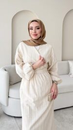 Keten Bağlamalı Elbise - Bej - Görsel 3