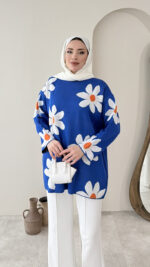 Çiçekli Triko Kazak - Mavi