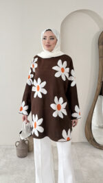 Çiçekli Triko Kazak - Kahverengi