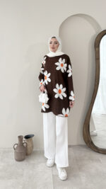 Çiçekli Triko Kazak - Kahverengi - Görsel 4