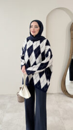 Baklava Desen Triko Kazak – Lacivert&Beyaz - Görsel 2