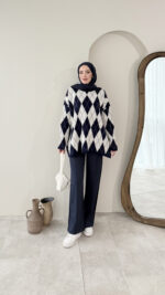 Baklava Desen Triko Kazak – Lacivert&Beyaz - Görsel 4