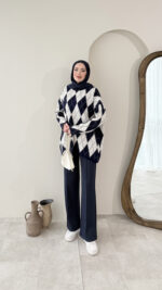 Baklava Desen Triko Kazak – Lacivert&Beyaz - Görsel 5