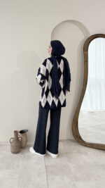 Baklava Desen Triko Kazak – Lacivert&Beyaz - Görsel 6